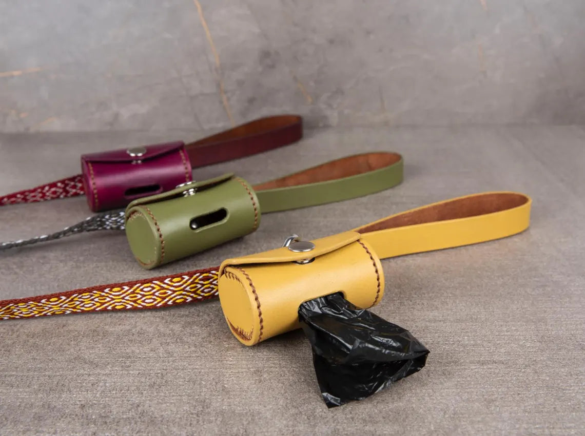 Handcrafted Leather Dog Leash & Poop Bag Holder – Handwoven Dog Walking Set