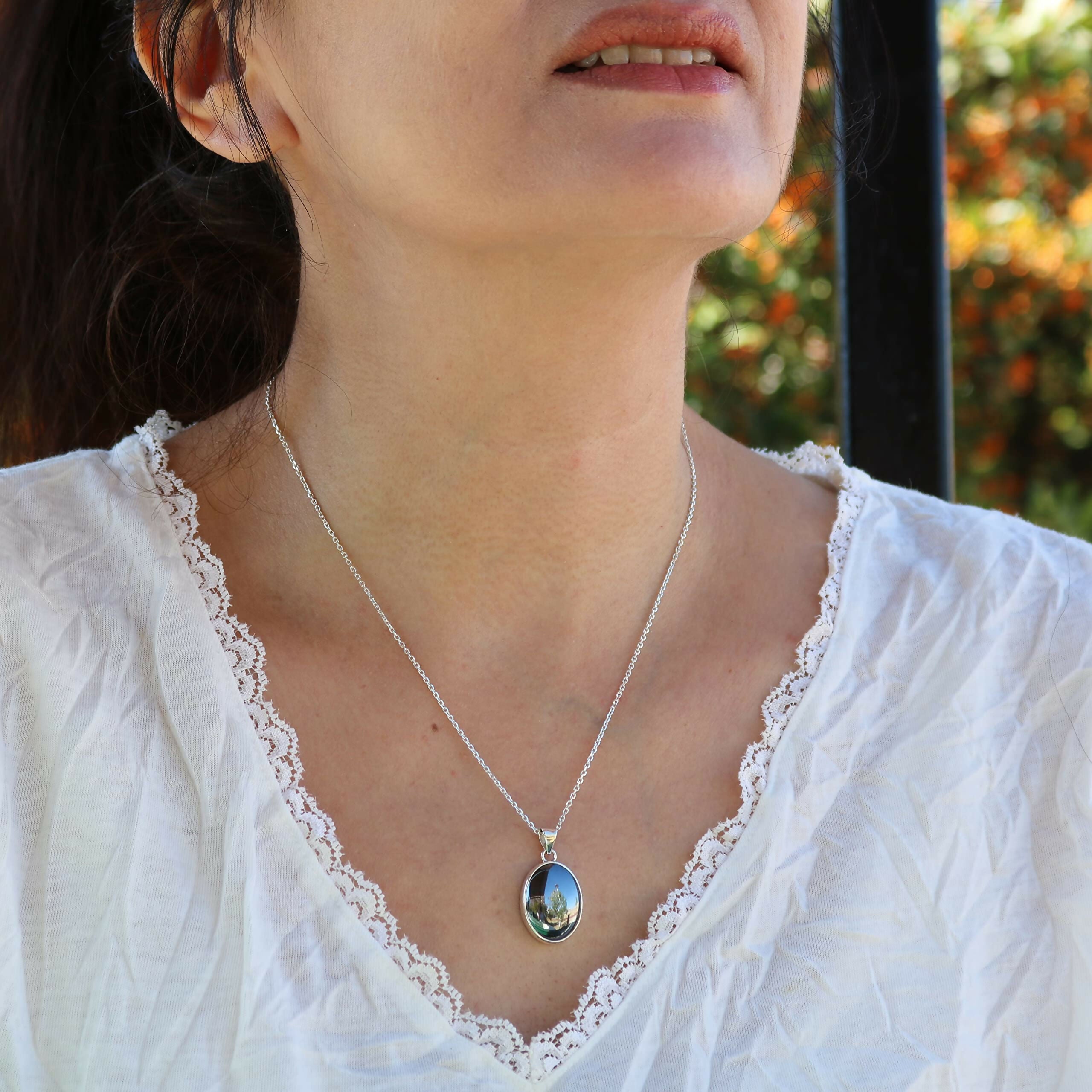 Sterling Silver .925 Oval Hematite Small Handmade Pendant Necklace 18" + 2'' Extender Chain for Women