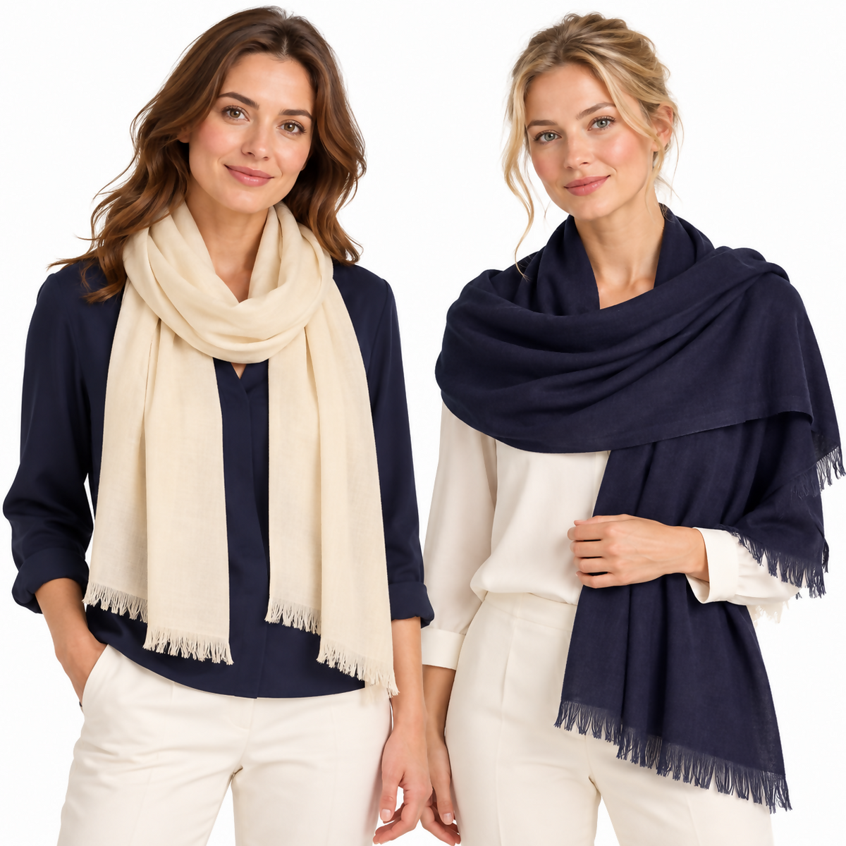 Women’s Lightweight Scarf Set, 2-Pack – Navy Blue & Cream, 71 × 25 in