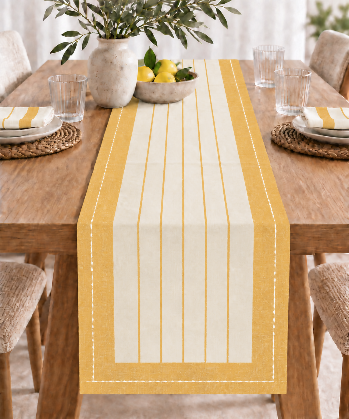 Yellow & Ivory Striped Water-Repellent Turkish Cotton Table Runner – Coastal & Timeless Style