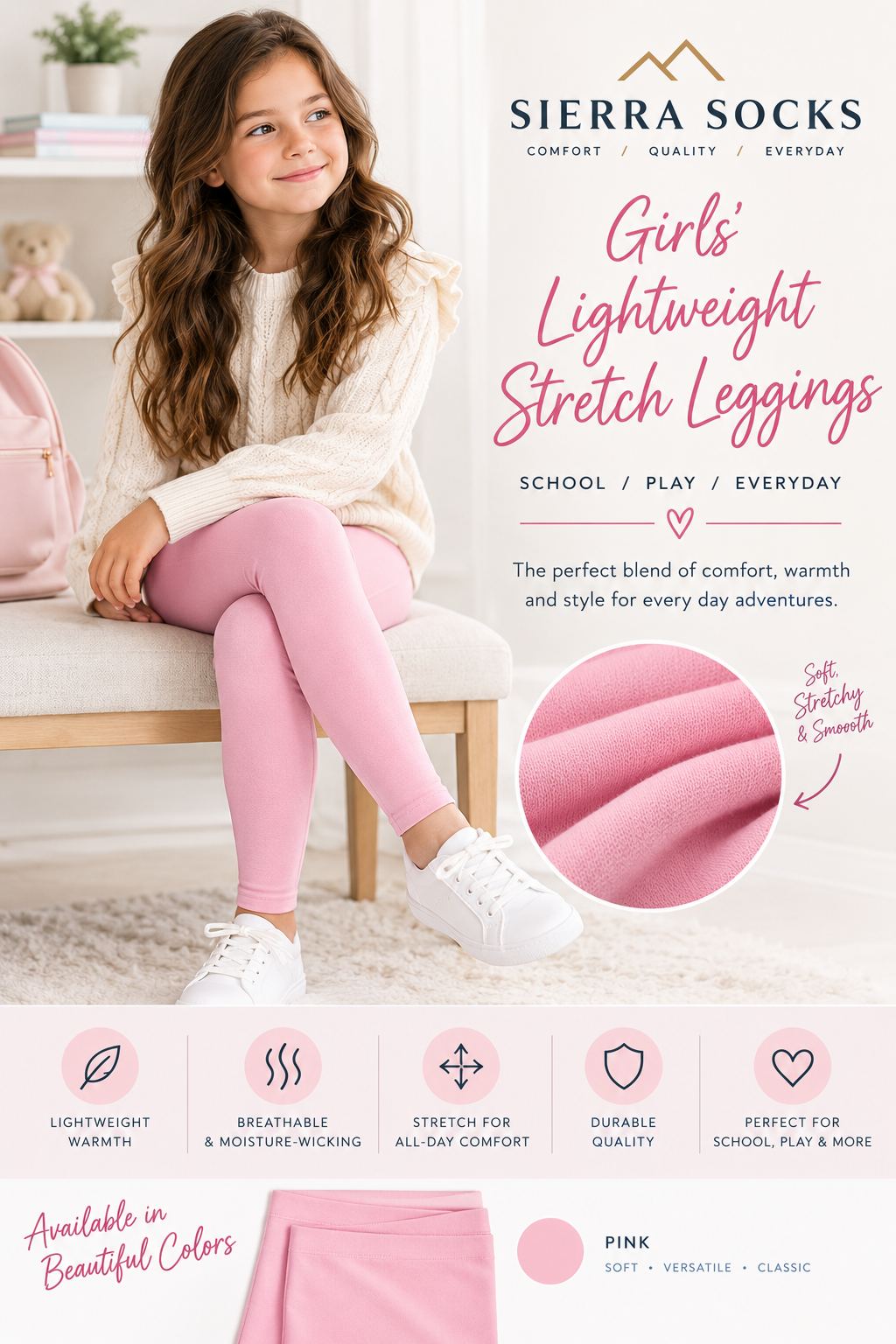 Girls’ Footless Leggings – Soft Stretch Leggings for School & Everyday Wear
