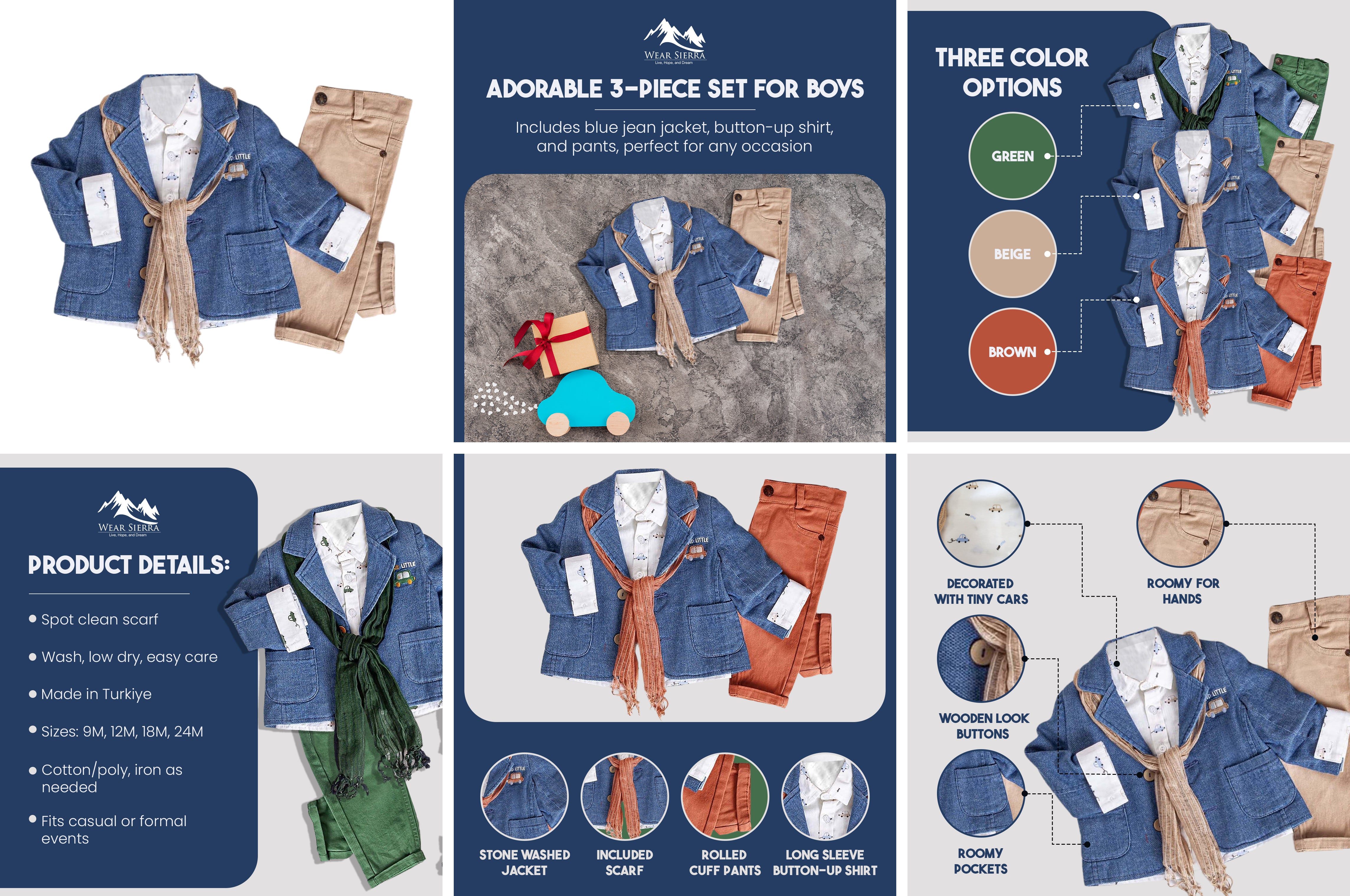 Infant and Toddler Boys' Adorable Blue Jean Jacket, Button-Up Shirt and Pants 3-Piece Set