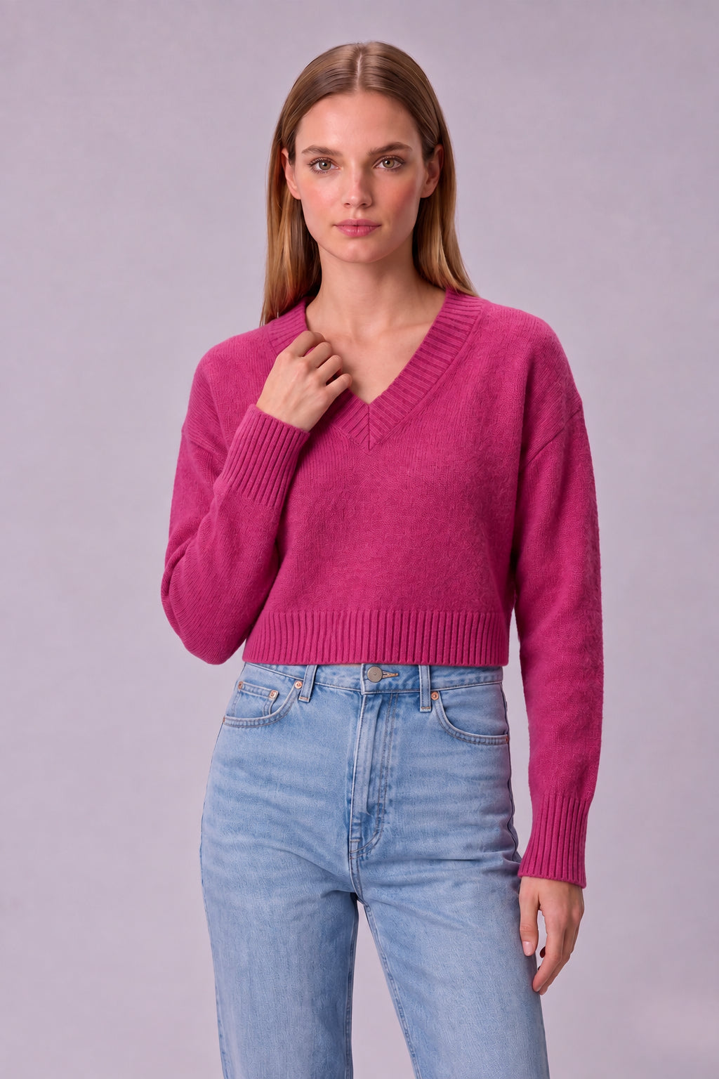 Women's V-Neck Cropped Knit Sweater – Soft Stretch Ribbed Pullover
