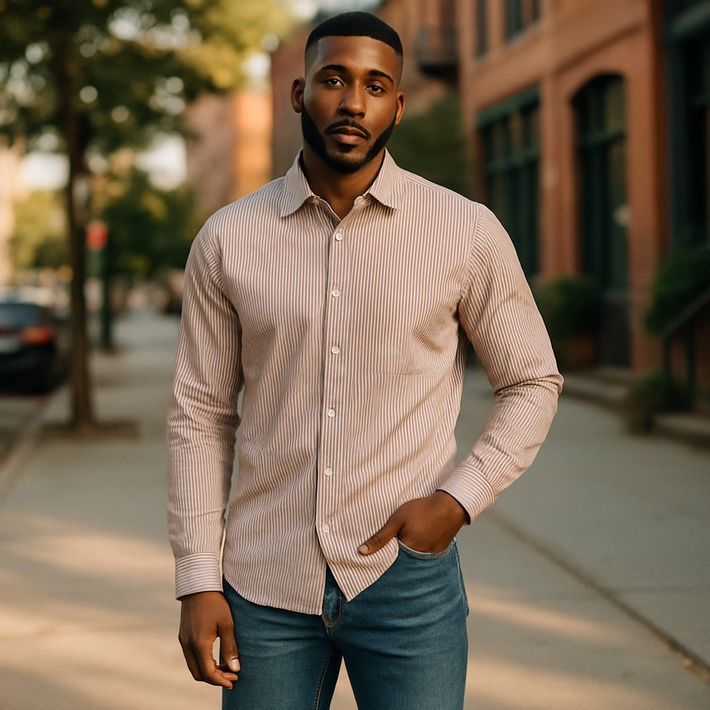Wear Sierra Top Shelf Men's Turkish Cotton Long Sleeve Button Up Shirt in Brown Stripes, Casual Friday Shirt for Men