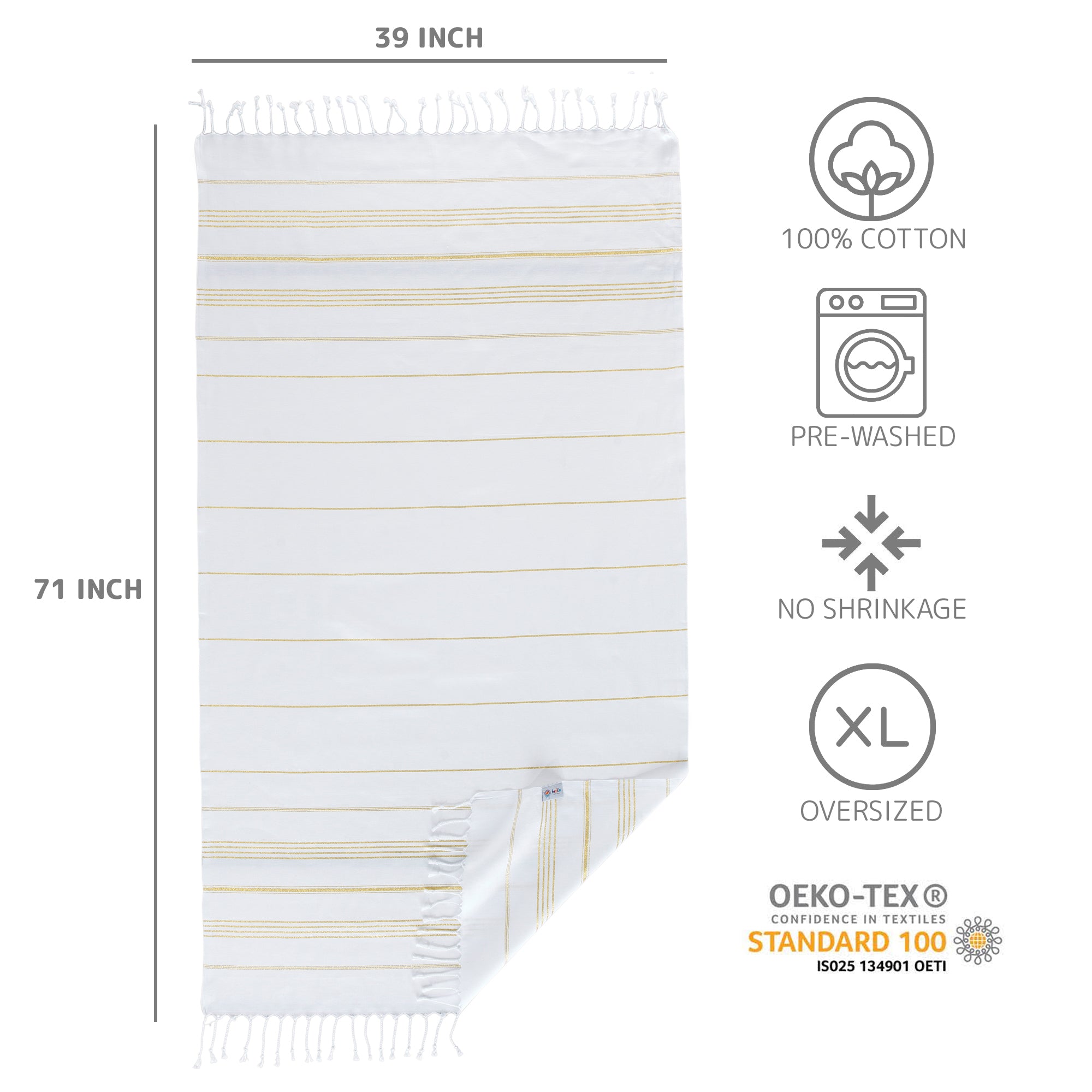 Turkish Cotton Beach Towel, Prewashed, Soft, Absorbent, Quick Dry, Oversized Bath Towels for Bathroom, Pool, Travel, Picnics, Size 39x71