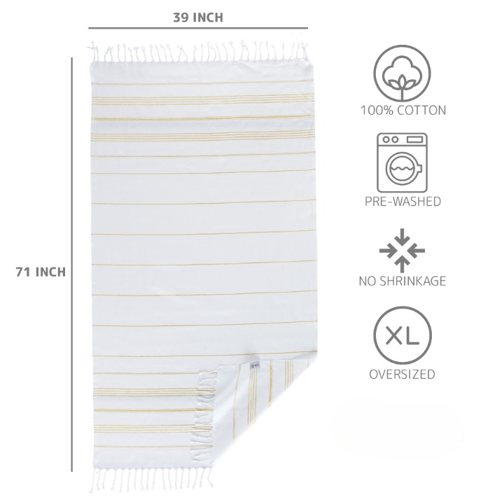 Turkish Cotton Beach Towel, Prewashed, Soft, Absorbent, Quick Dry, Oversized Bath Towels for Bathroom, Pool, Travel, Picnics, Size 39x71