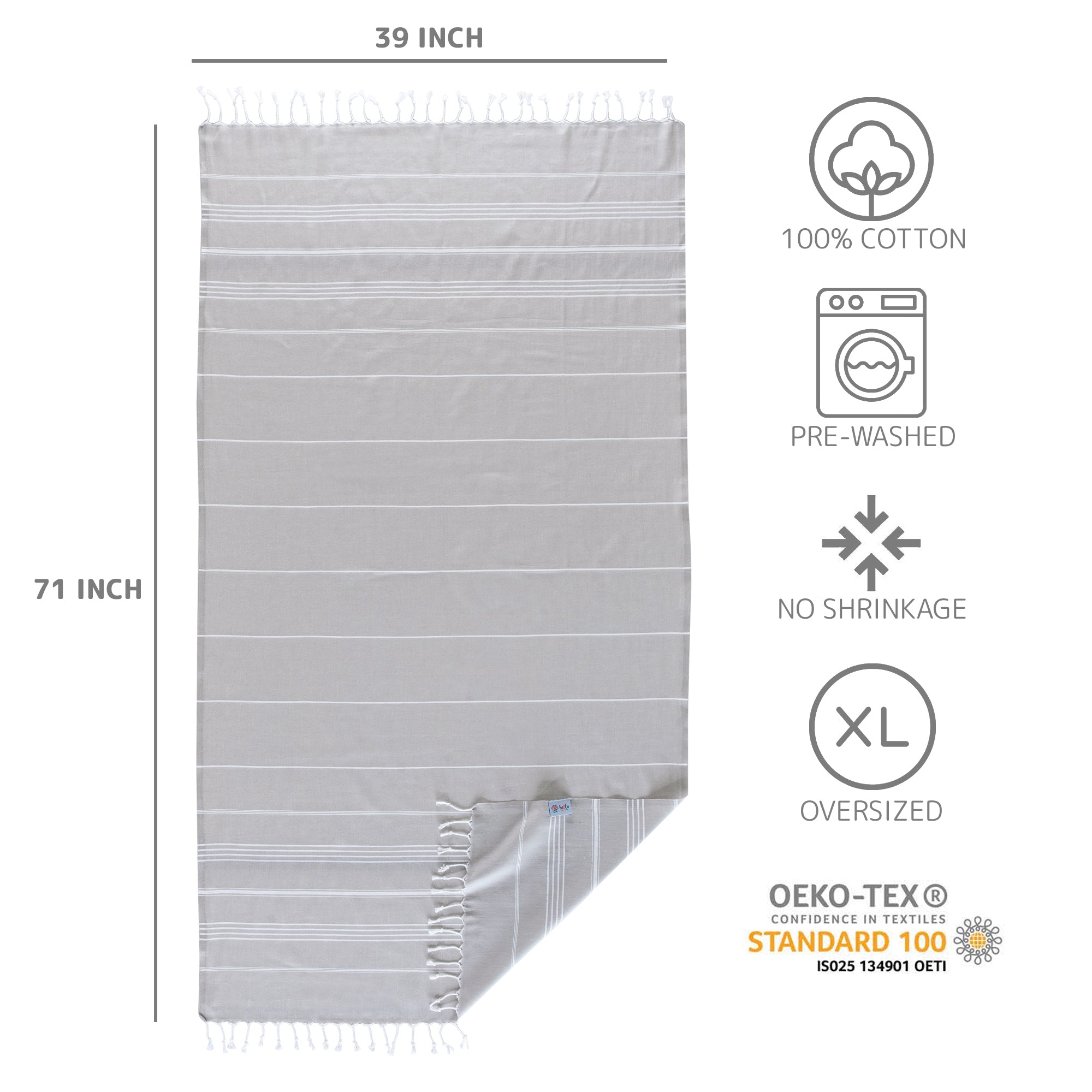 Turkish Cotton Beach Towel, Prewashed, Soft, Absorbent, Quick Dry, Oversized Bath Towels for Bathroom, Pool, Travel, Picnics, Size 39x71