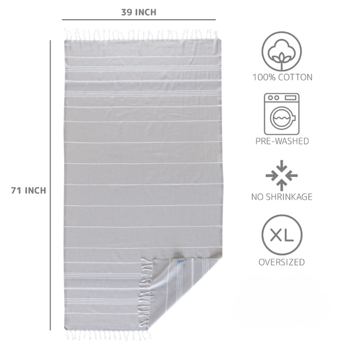 Turkish Cotton Beach Towel, Prewashed, Soft, Absorbent, Quick Dry, Oversized Bath Towels for Bathroom, Pool, Travel, Picnics, Size 39x71