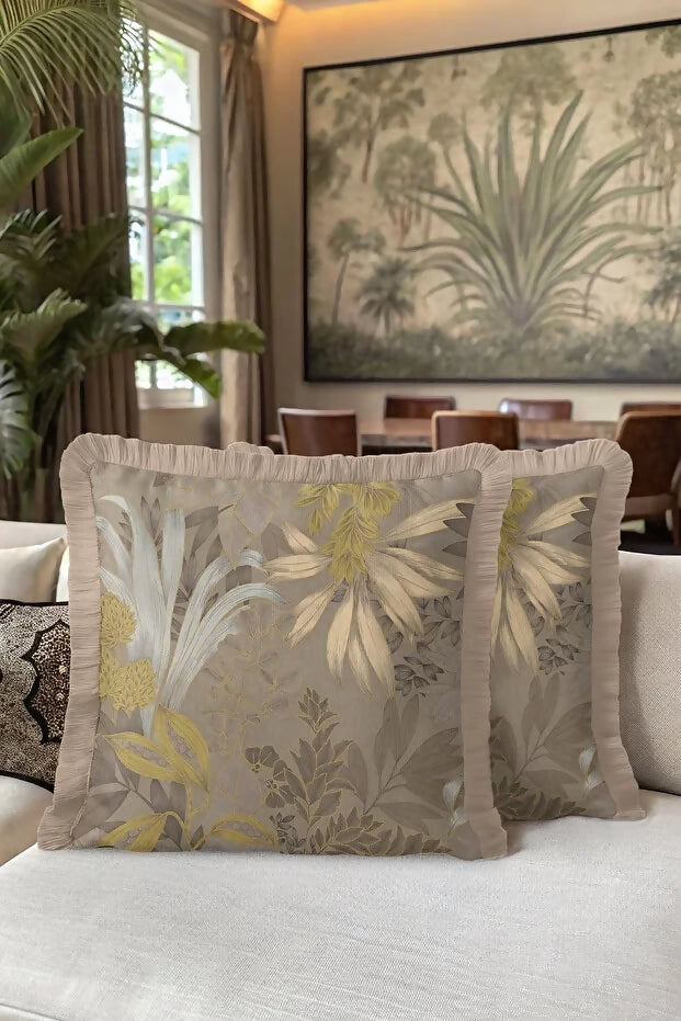 Leaf Patterned Fringed Pillow Case Set of 2 - Vintage Natural Inspired Country Beige Tasseled Throw Cushion Cover