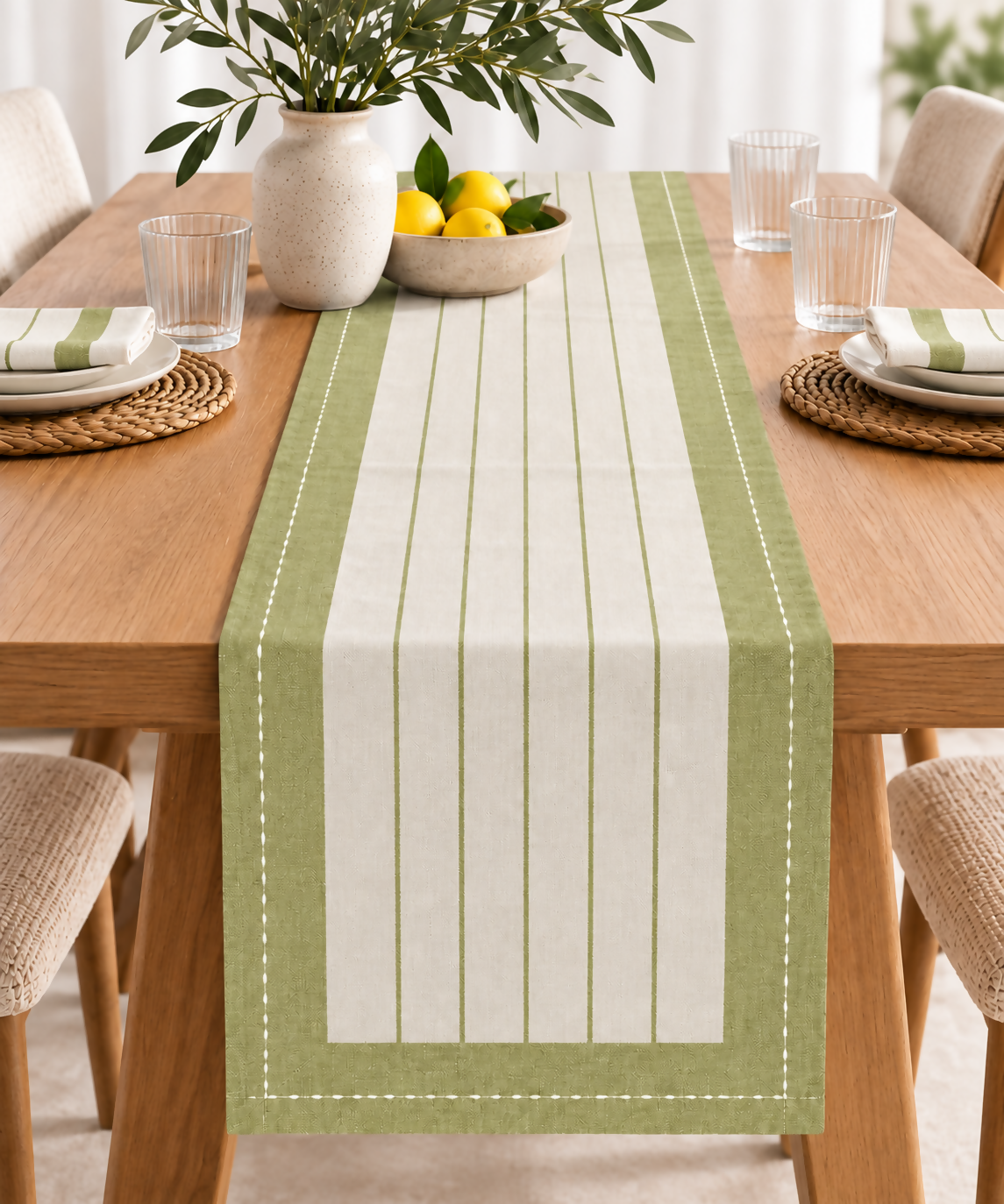 Green & Ivory Striped Water-Repellent Turkish Cotton Table Runner – Coastal & Timeless Style