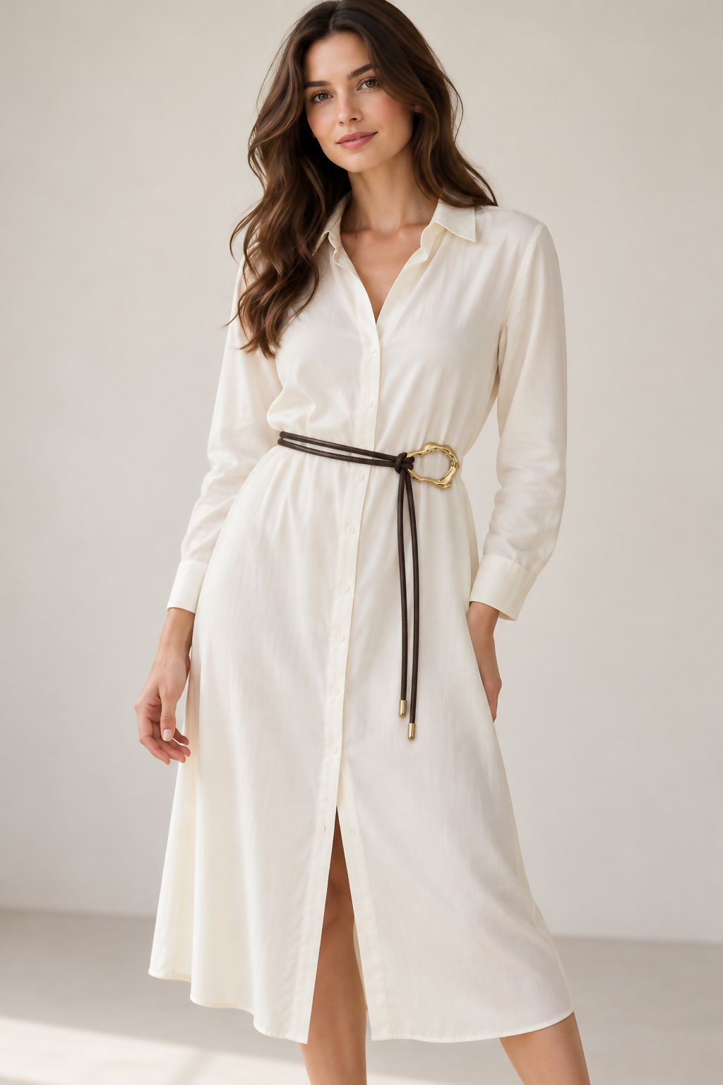 Women’s 2-Pack Skinny Wrap Belt Set with Gold-Tone Statement Rings – Beige & Dark Brown
