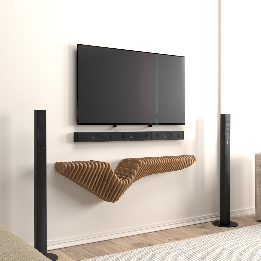 Wavy wooden floating TV shelf