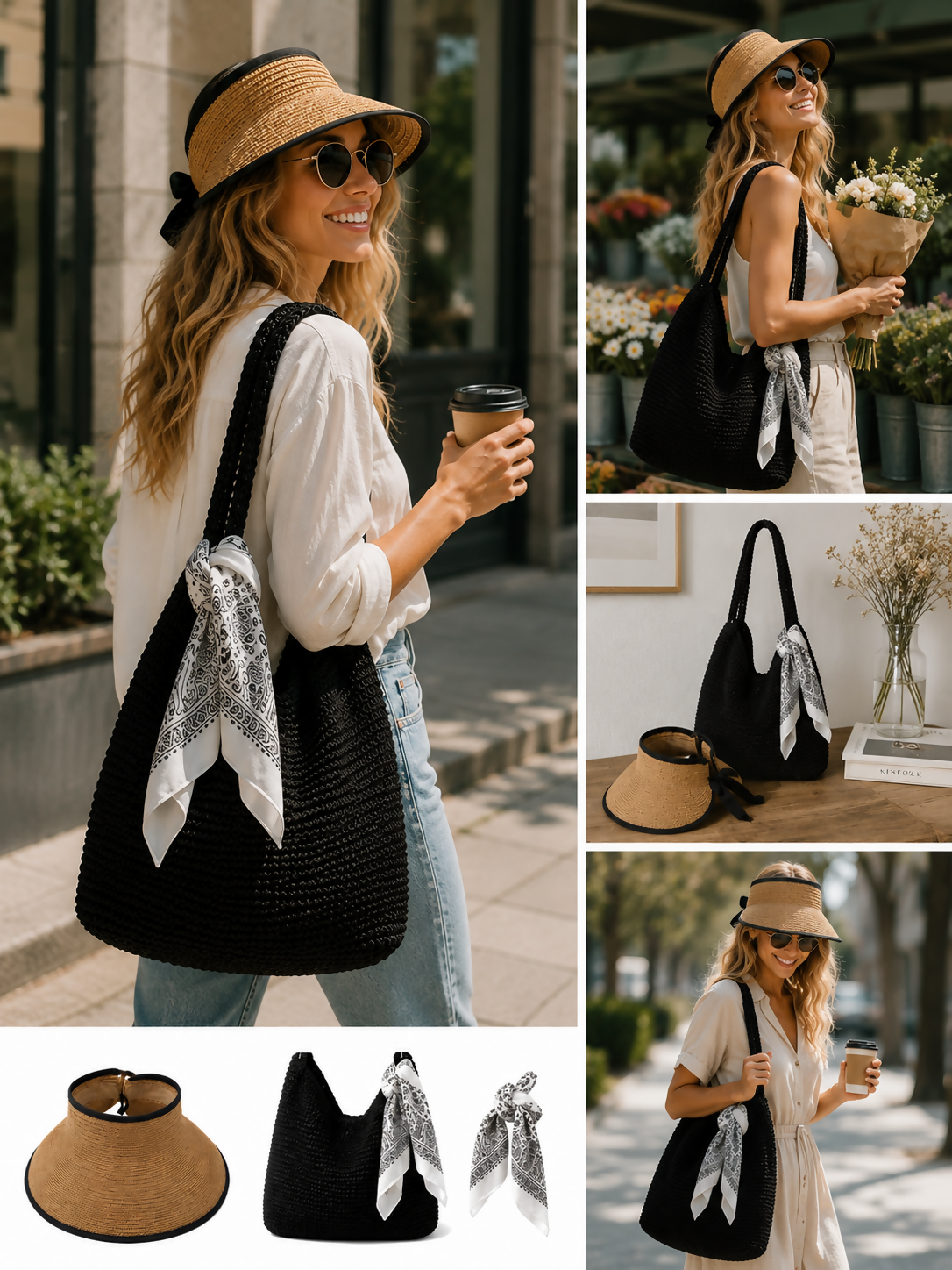 Women's 3-Piece Beach Set – Straw Tote Bag, Sun Visor Hat & Fashion Scarf