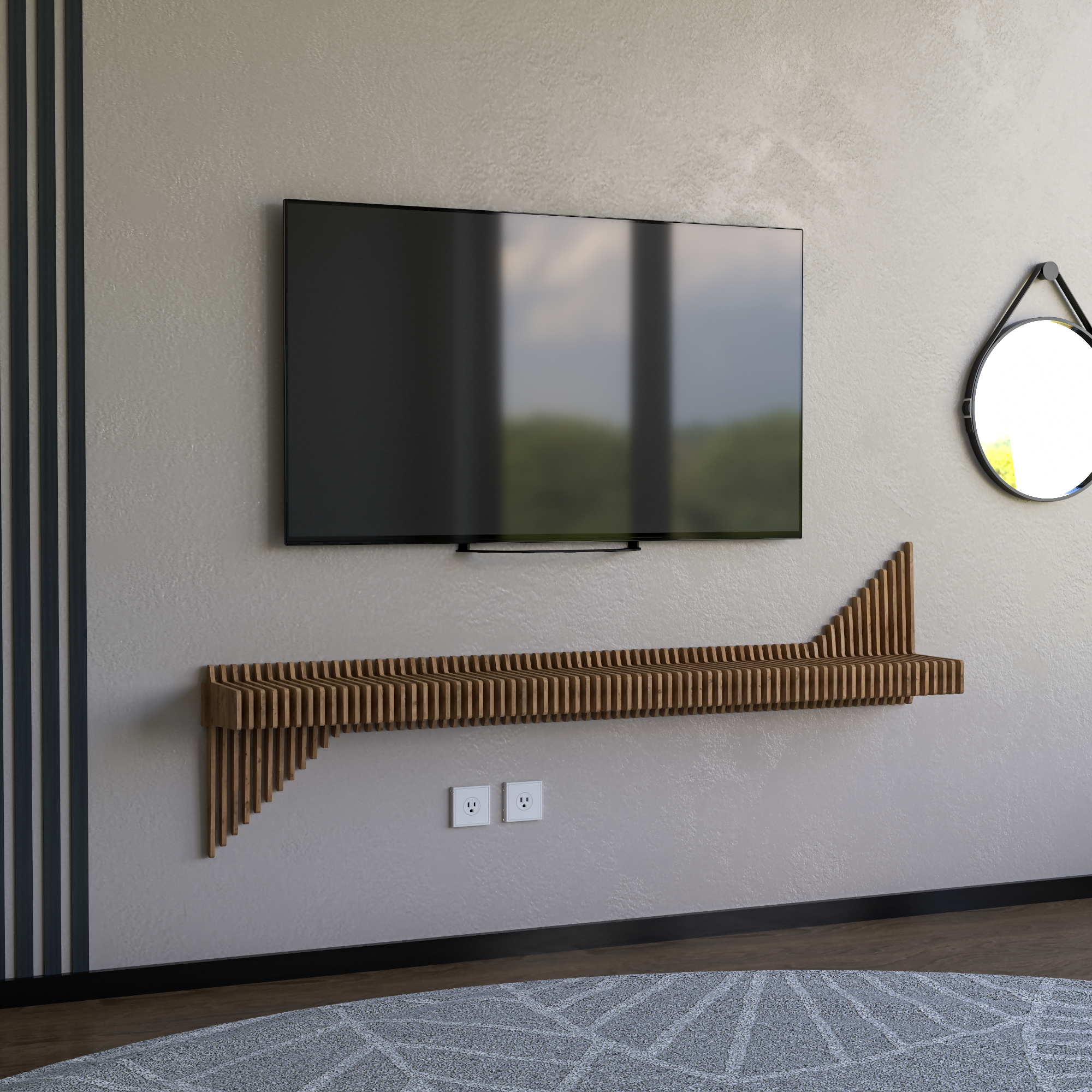 BATAMEX Parametric 65 inch Floating Shelf TV Unit Modern Geometric Wooden Wall Piece Decor Natural Oak Color 3D Wavy Living and Gaming Room Shelf