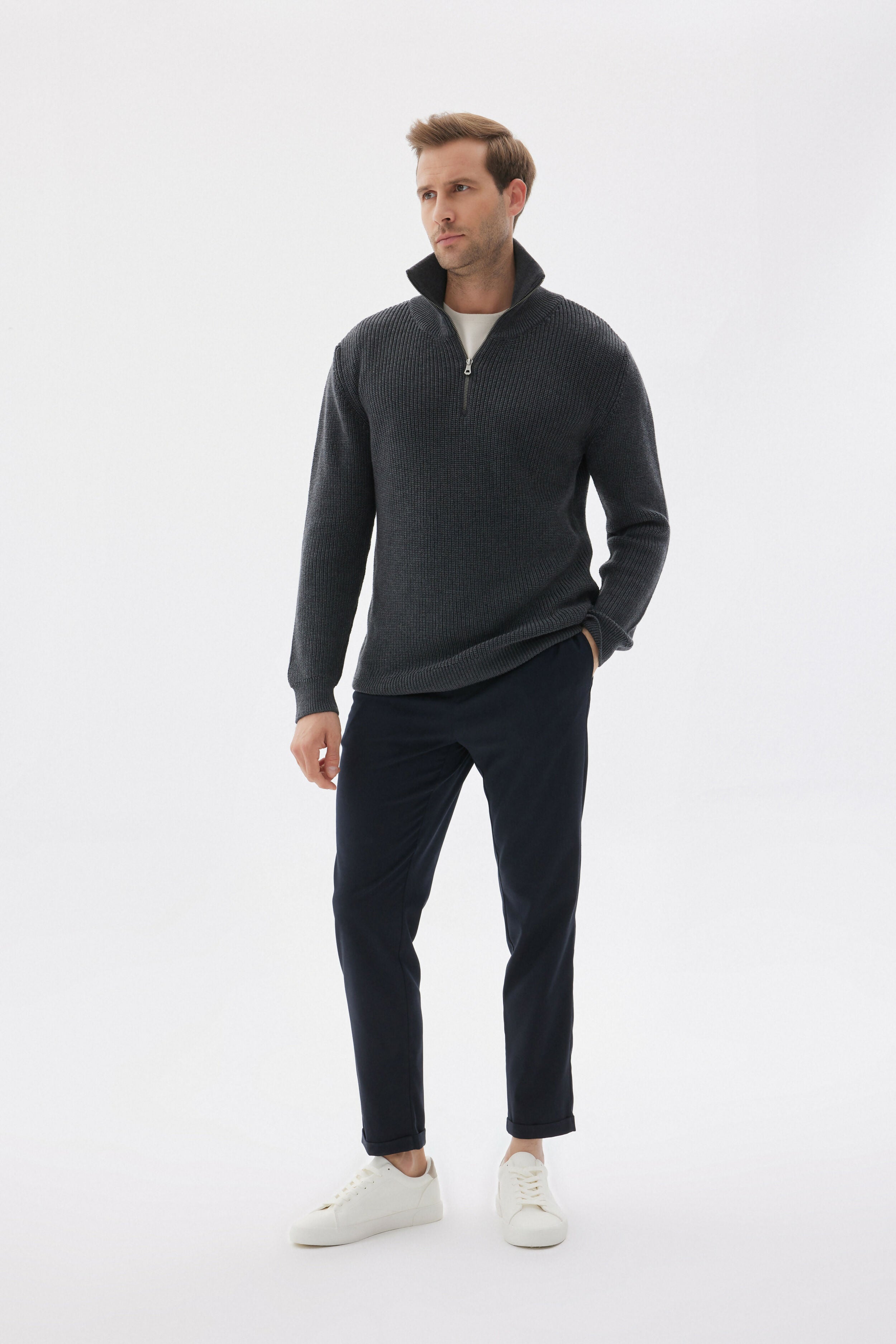 Men's Half Zip Cotton Knit Sweater - Regular Fit Ribbed Pullover, Black Lightweight Turkish Knit Jumper