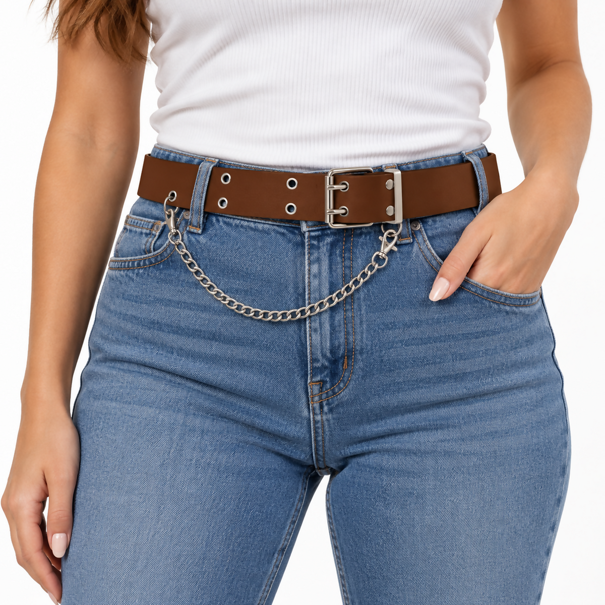 Women’s Belt – Brown Double-Row Grommet Belt with Silver-Tone Chain