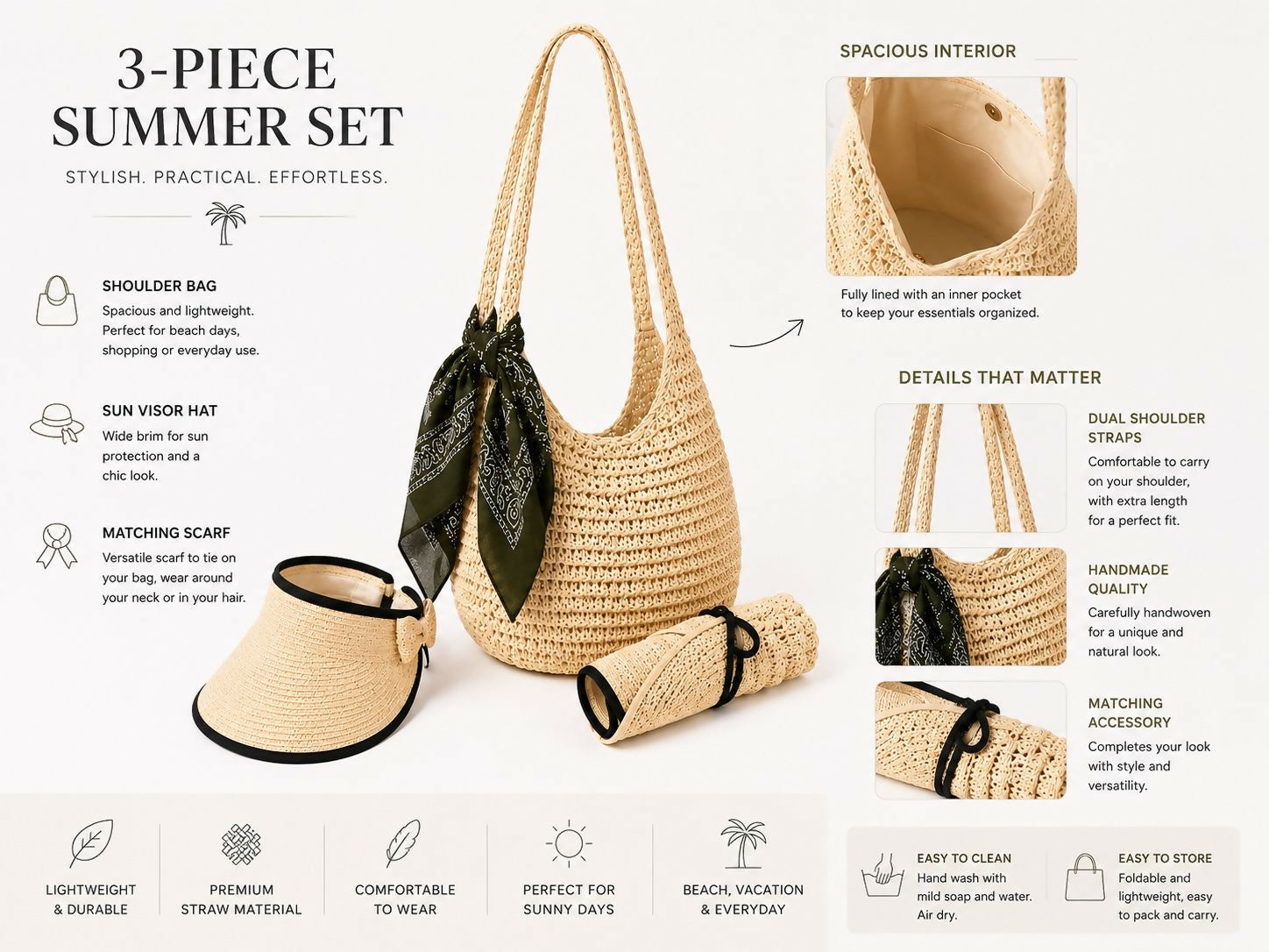 Women's 3-Piece Beach Set – Straw Tote Bag, Sun Visor Hat & Fashion Scarf