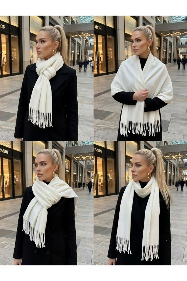 Women's Fringed Plush Scarf – Soft & Cozy Textured Wrap for Winter