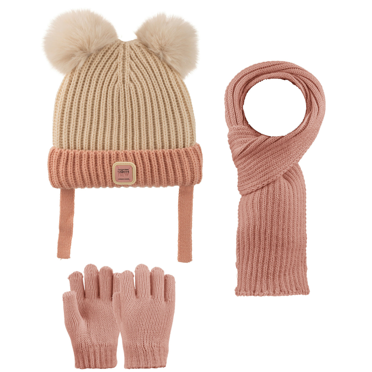 Girls Knitted Beanie 3 Piece Set-Beanie-Gloves-Scarf For Girls( 1-4 Years )