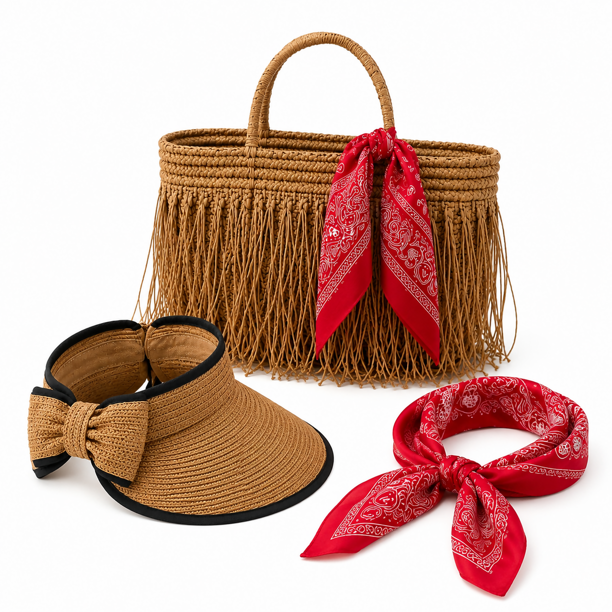 Women's 3-Piece Beach Set – Straw Tote Bag, Sun Visor Hat & Fashion Scarf