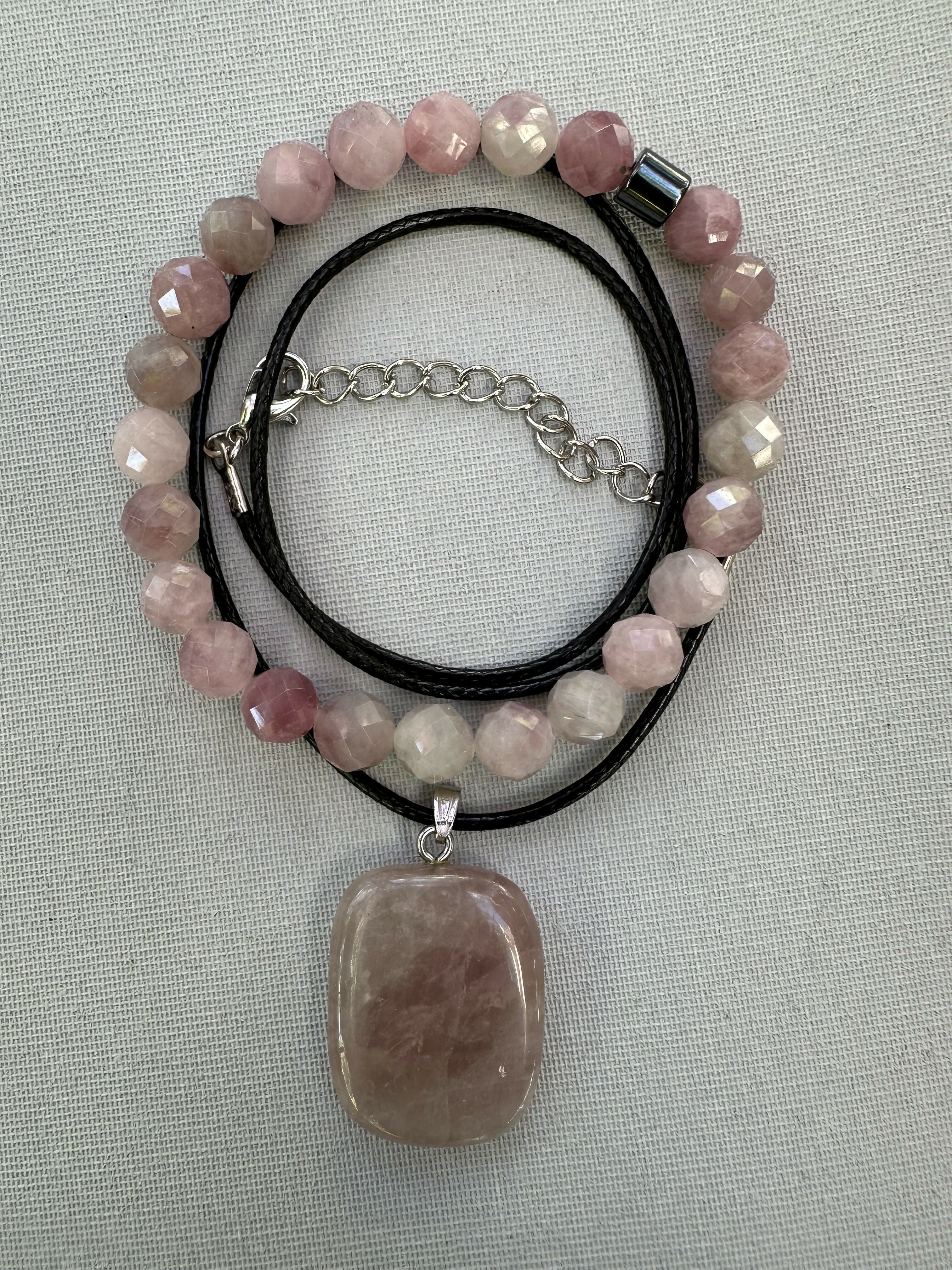 Pink Quartz Natural Stone Bracelet with Matching Necklace