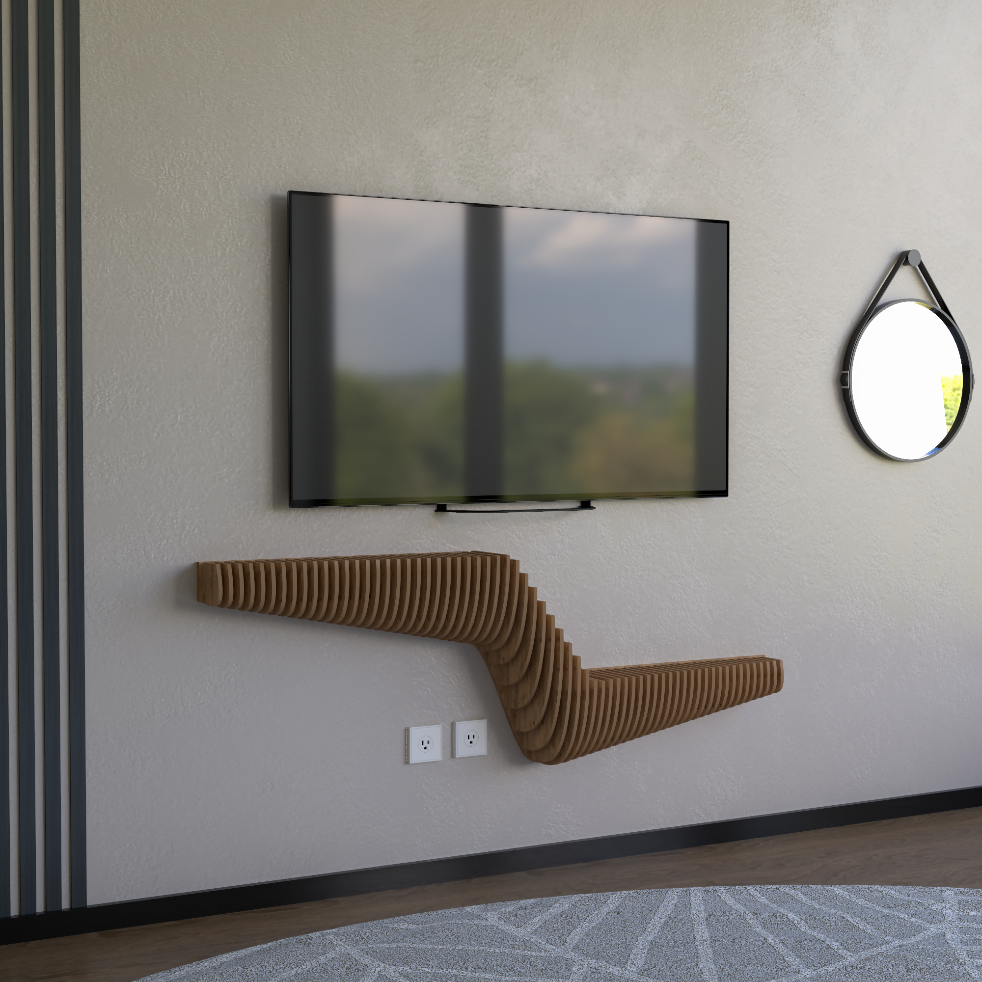 BATAMEX Parametric 57 inch Floating Shelf TV Unit Modern Geometric Wooden Wall Piece Decor Natural Oak Color 3D Wavy Living and Gaming Room Shelf