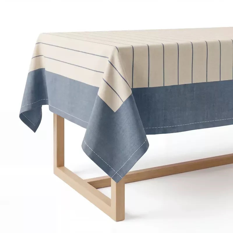 French Blue & Ivory Striped Water-Repellent Turkish Cotton Tablecloth – Coastal & Timeless Style