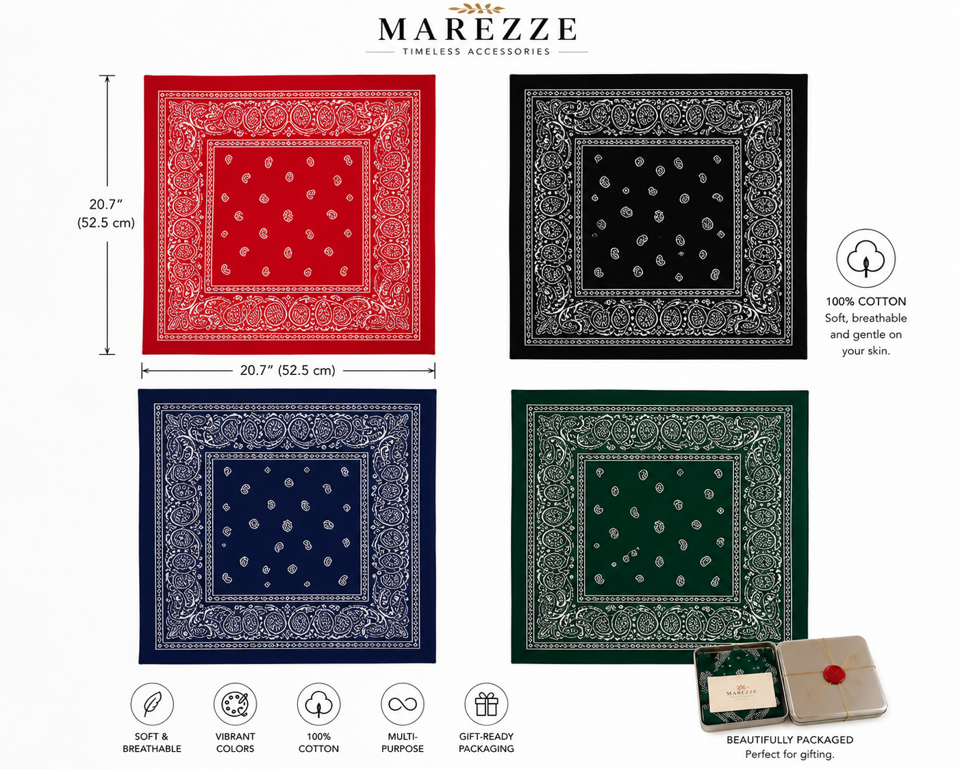 Marezze Timeless Cotton Scarf Collection – 4-Piece Paisley Accessories Set