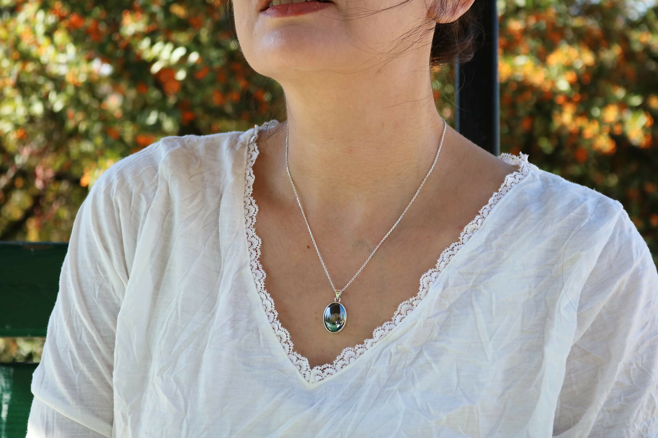 Sterling Silver .925 Oval Hematite Small Handmade Pendant Necklace 18" + 2'' Extender Chain for Women