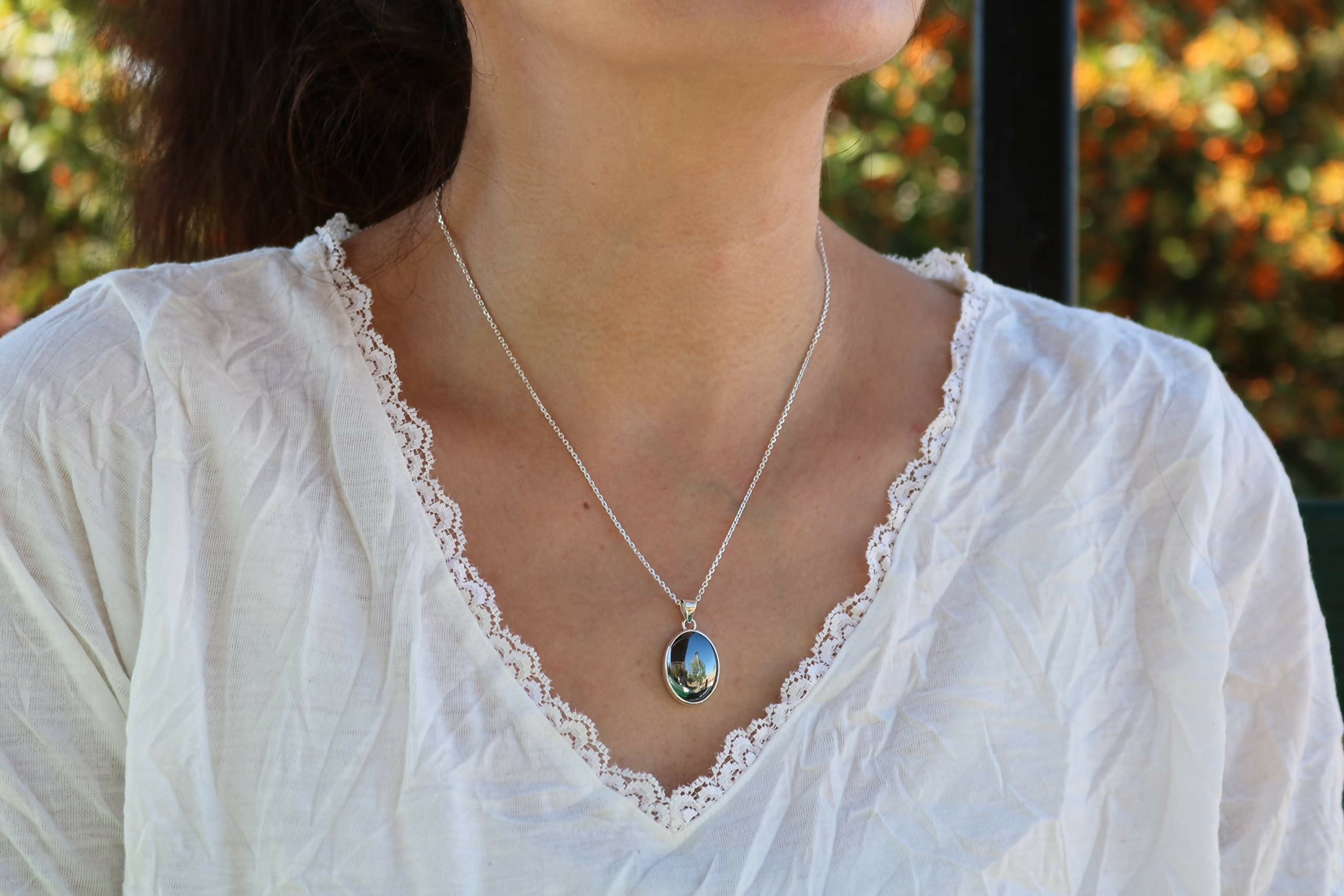 Sterling Silver .925 Oval Hematite Small Handmade Pendant Necklace 18" + 2'' Extender Chain for Women