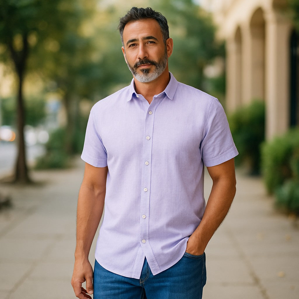 Wear Sierra Top Shelf Men's Linen Short Sleeve Button Down Shirt in Lilac