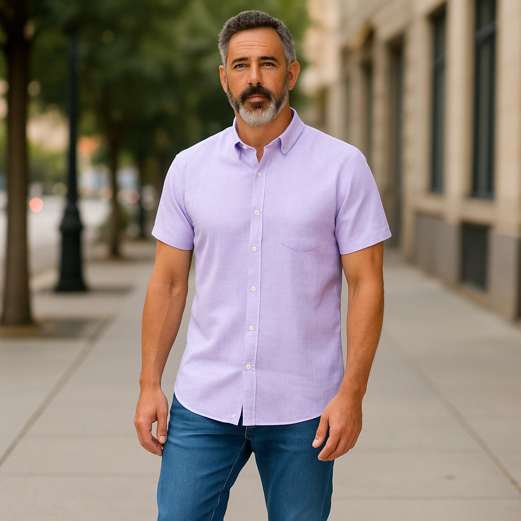 Wear Sierra Top Shelf Men's Linen Short Sleeve Button Down Shirt in Lilac
