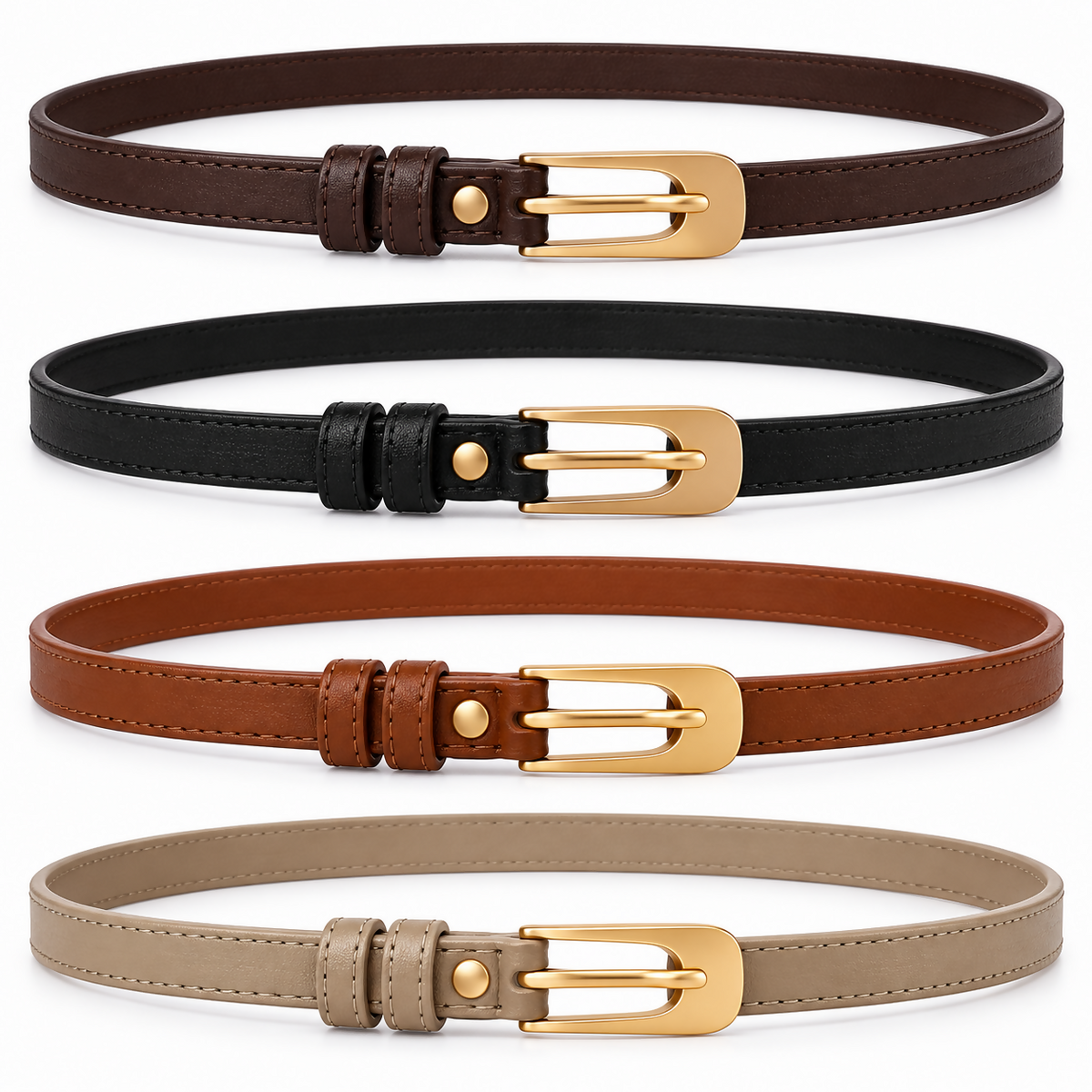 Women’s Skinny Belt Set, 4-Pack, Gold-Tone Buckles, Black, Dark Brown, Light Brown & Beige