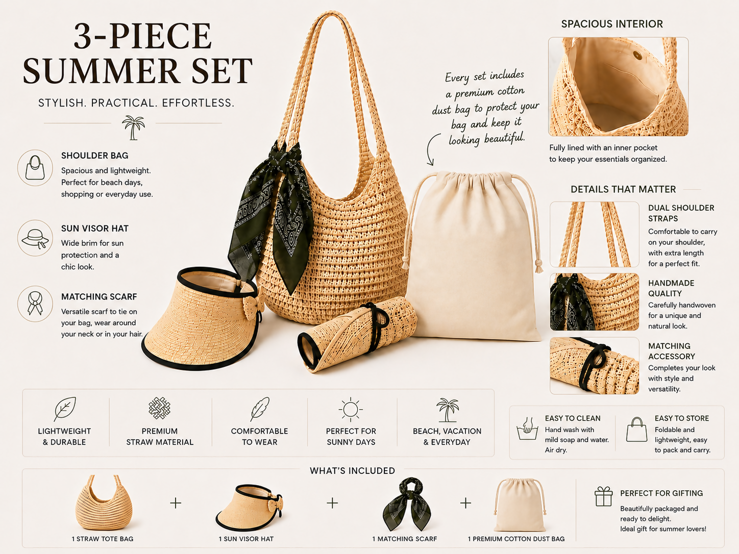 Women's 3-Piece Beach Set – Straw Tote Bag, Sun Visor Hat & Fashion Scarf
