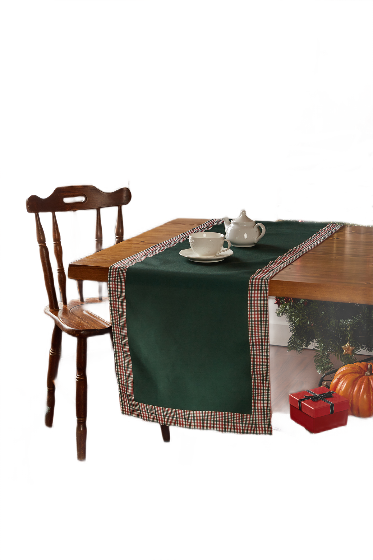 Hunter Green and Red Runner with Plaid Border, Holiday Decor - Wear Sierra