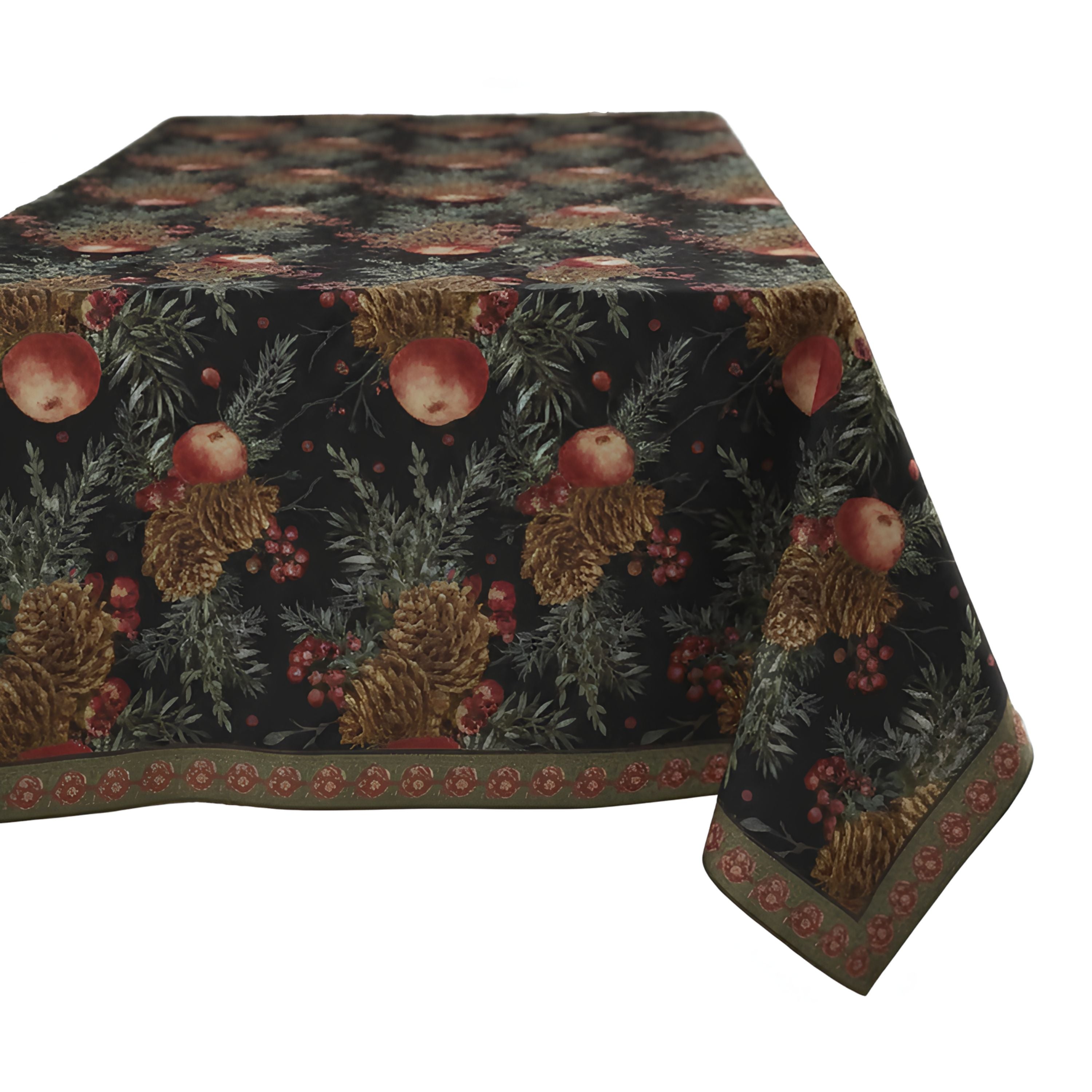 New Year's Sparkle Christmas Tablecloth (160x220 cm) - Festive Pine Cone & Red Berry Pattern on Elegant Black | Durable, Washable Polyester for Holiday Dining & Home Decor