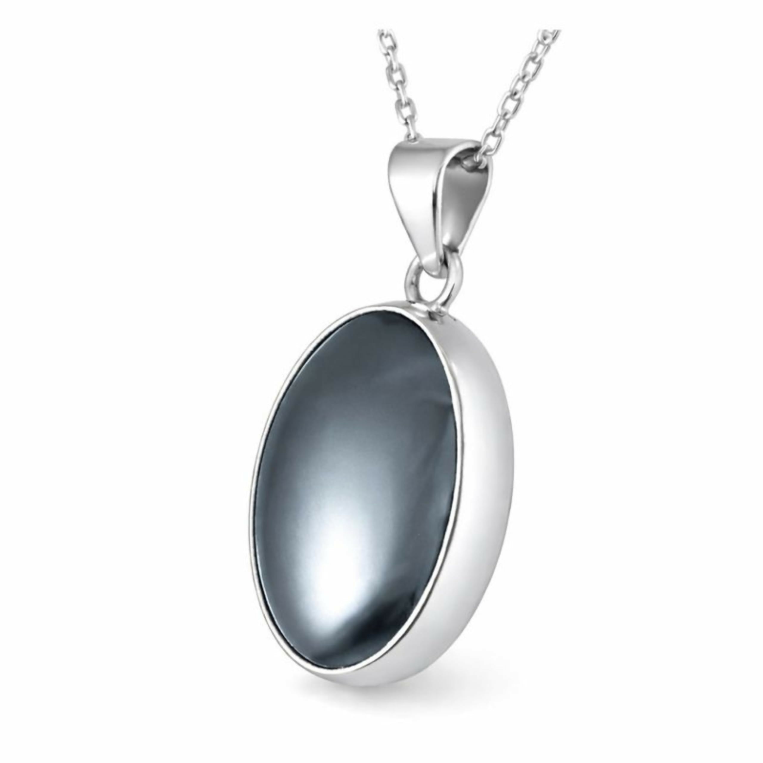 Sterling Silver .925 Oval Hematite Small Handmade Pendant Necklace 18" + 2'' Extender Chain for Women
