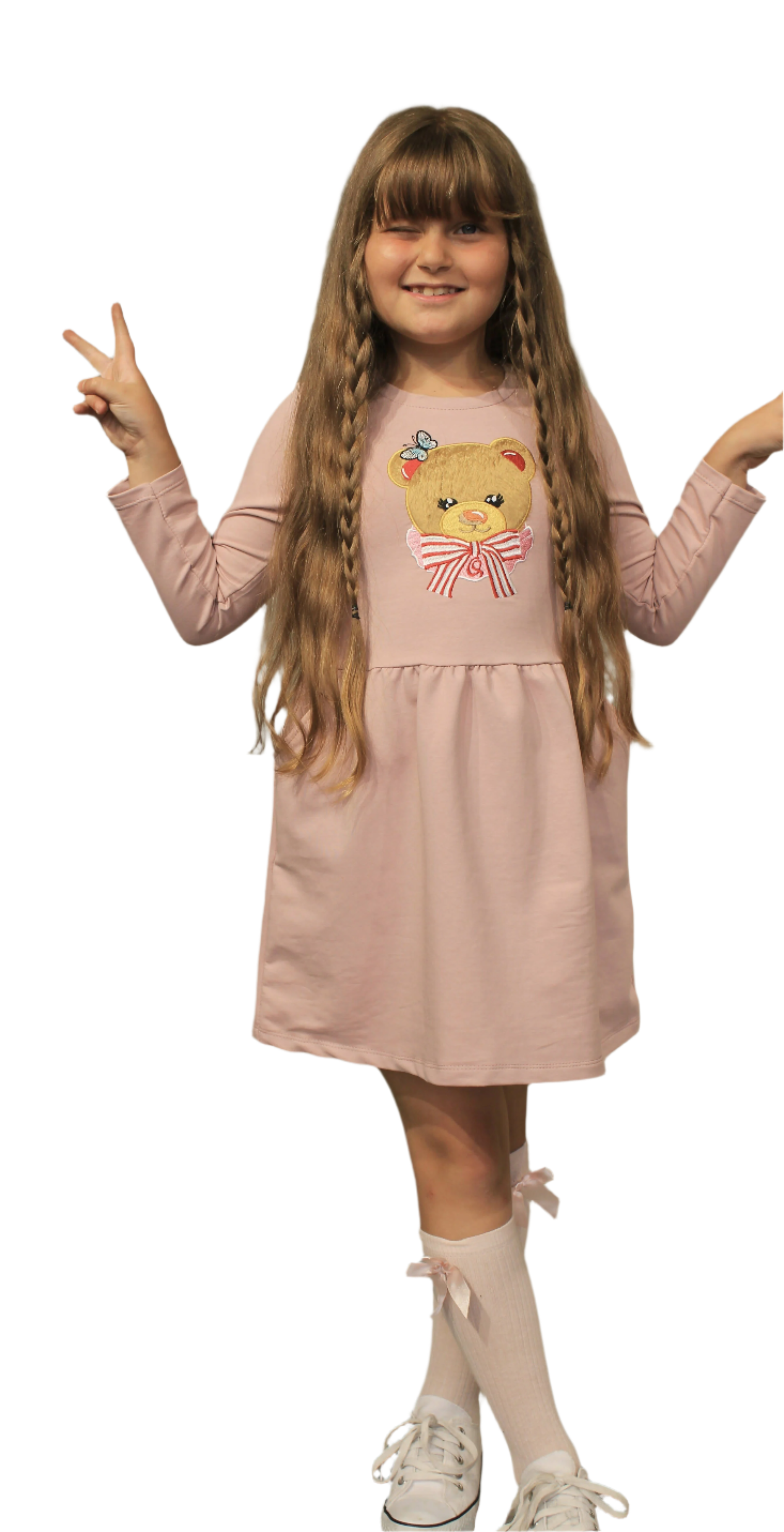 Long Sleeve Girl's Dress with Soft Fur Bear Applique