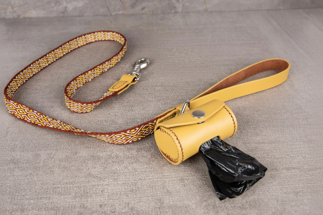 Handcrafted Leather Dog Leash & Poop Bag Holder – Handwoven Dog Walking Set