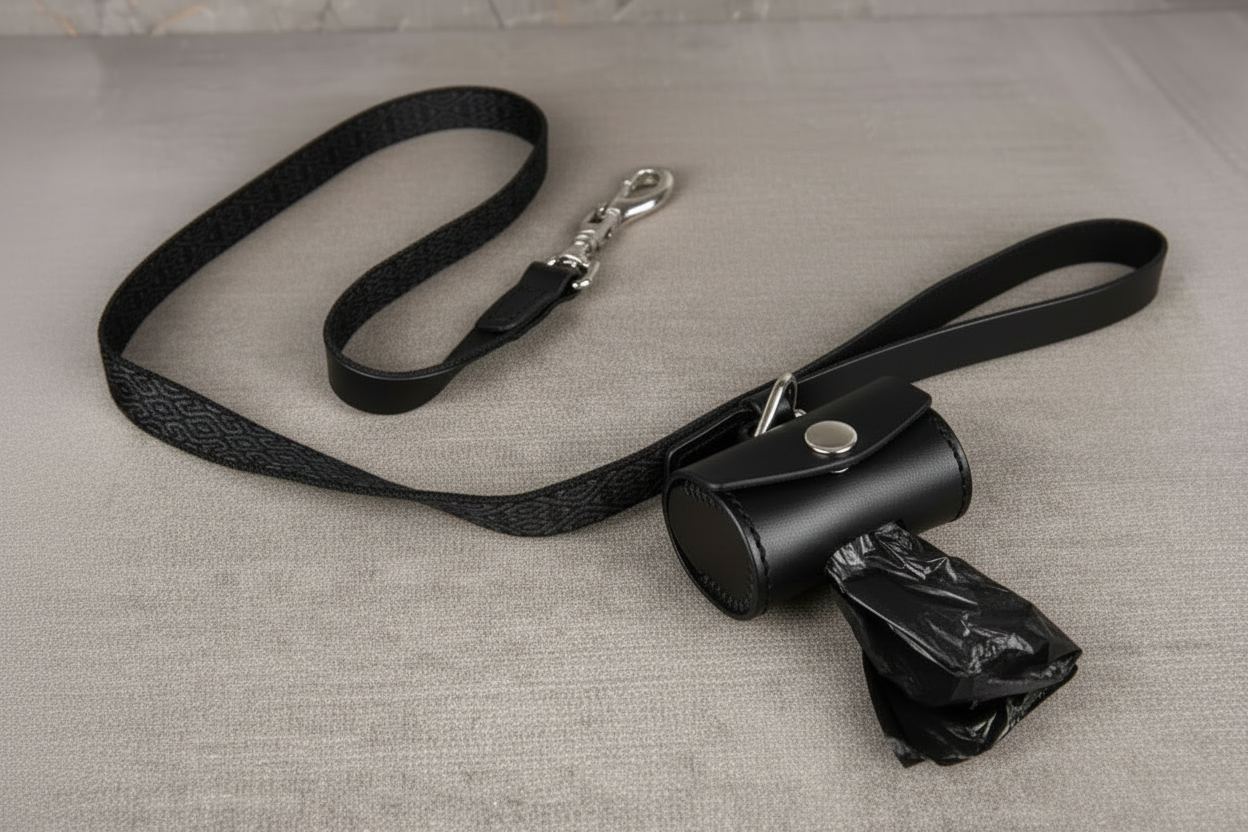 Handcrafted Leather Dog Leash & Poop Bag Holder – Handwoven Dog Walking Set