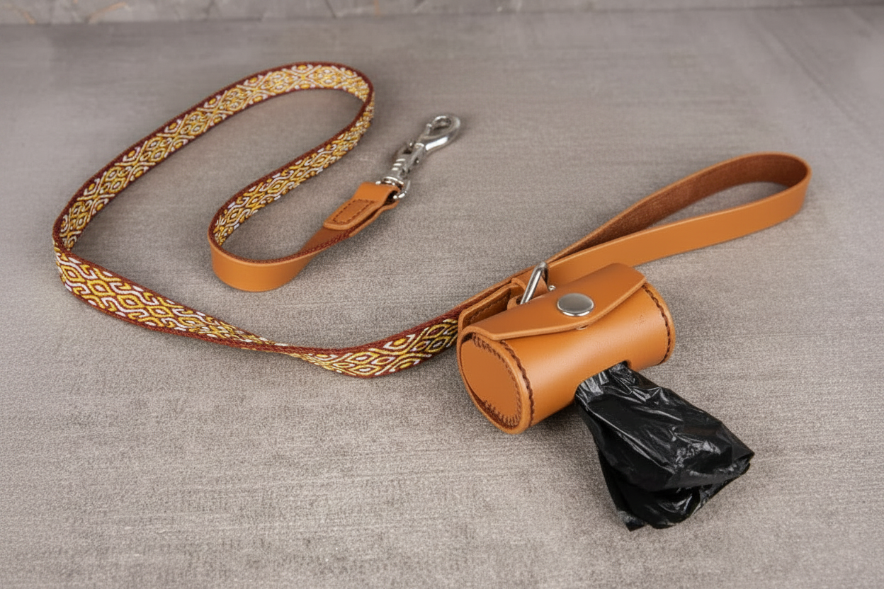 Handcrafted Leather Dog Leash & Poop Bag Holder – Handwoven Dog Walking Set