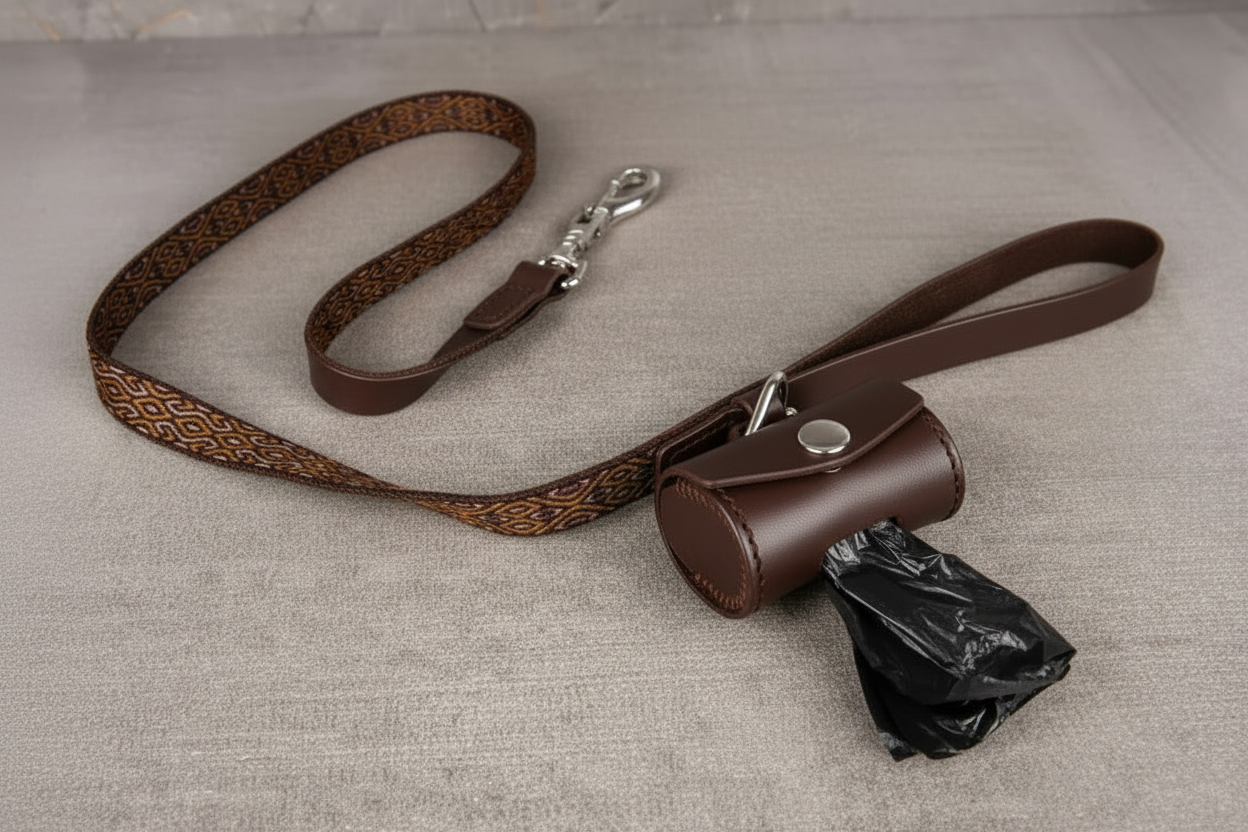 Handcrafted Leather Dog Leash & Poop Bag Holder – Handwoven Dog Walking Set