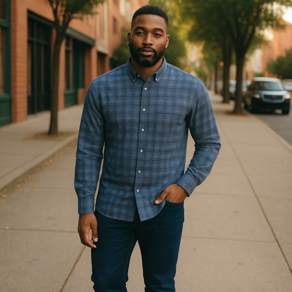 Wear Sierra Top Shelf Men's Turkish Cotton Long Sleeve Button Down Shirt in Combed Cotton Navy Plaid