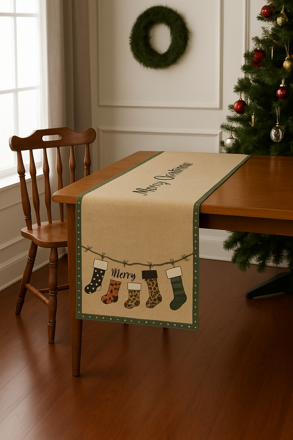 Happy New Year Christmas Table Runner – Holiday Stocking Pattern, Rustic Linen Look, 16x64 inch Decorative Table Accent