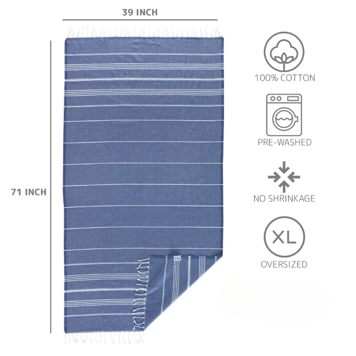 Turkish Cotton Beach Towel, Prewashed, Soft, Absorbent, Quick Dry, Oversized Bath Towels for Bathroom, Pool, Travel, Picnics, Size 39x71