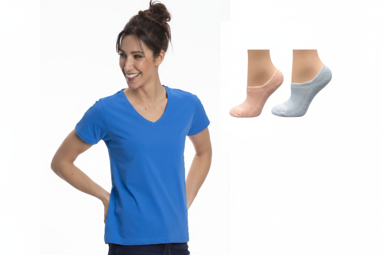 Women's Blue V-Neck T-Shirt and Sock Combo - Ankle Hi Socks 2-Pair Packs