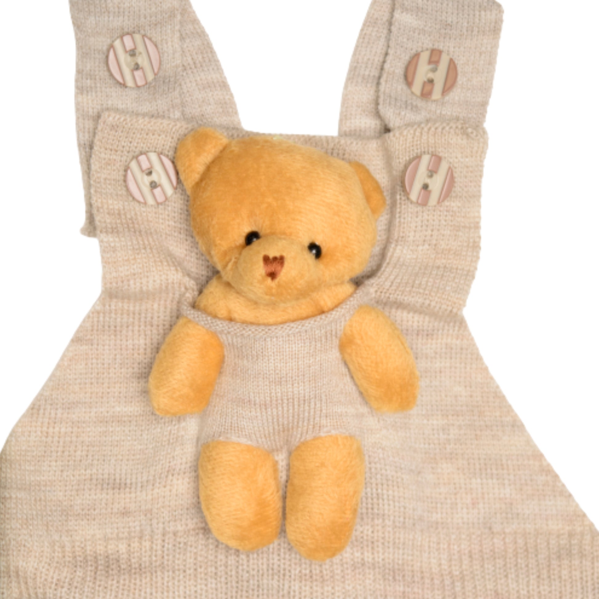 Teddy bear knitted baby overalls.