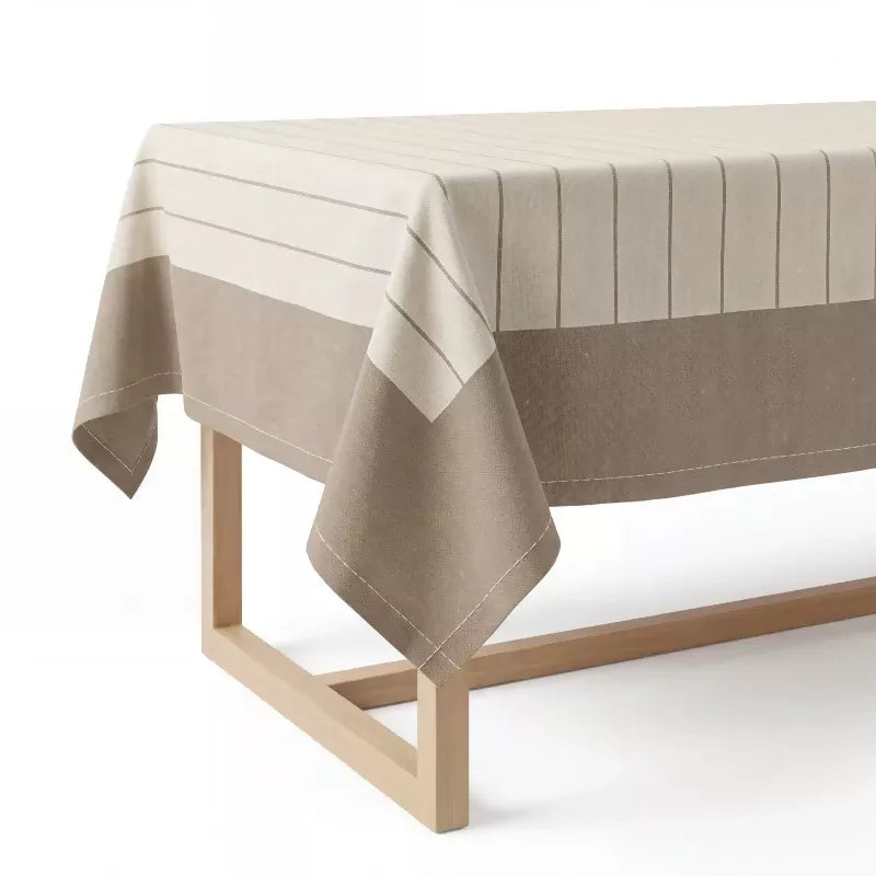 Warm Taupe & Ivory Striped Water-Repellent Turkish Cotton Tablecloth – Coastal & Timeless Style