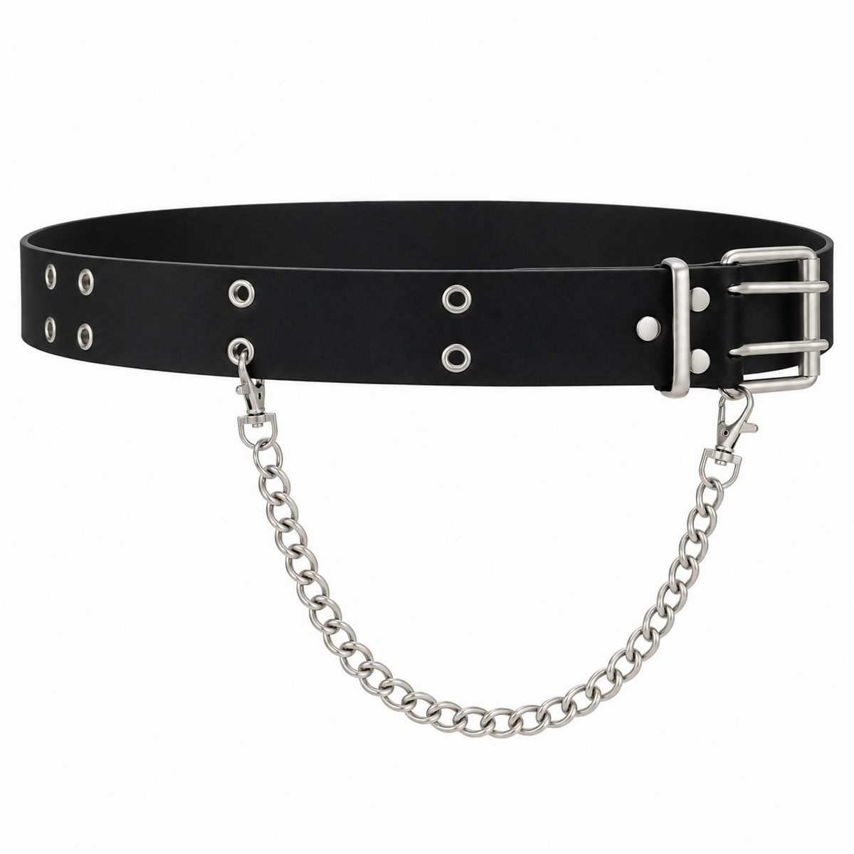 Women’s Belt – Black Double-Row Grommet Belt with Silver-Tone Chain