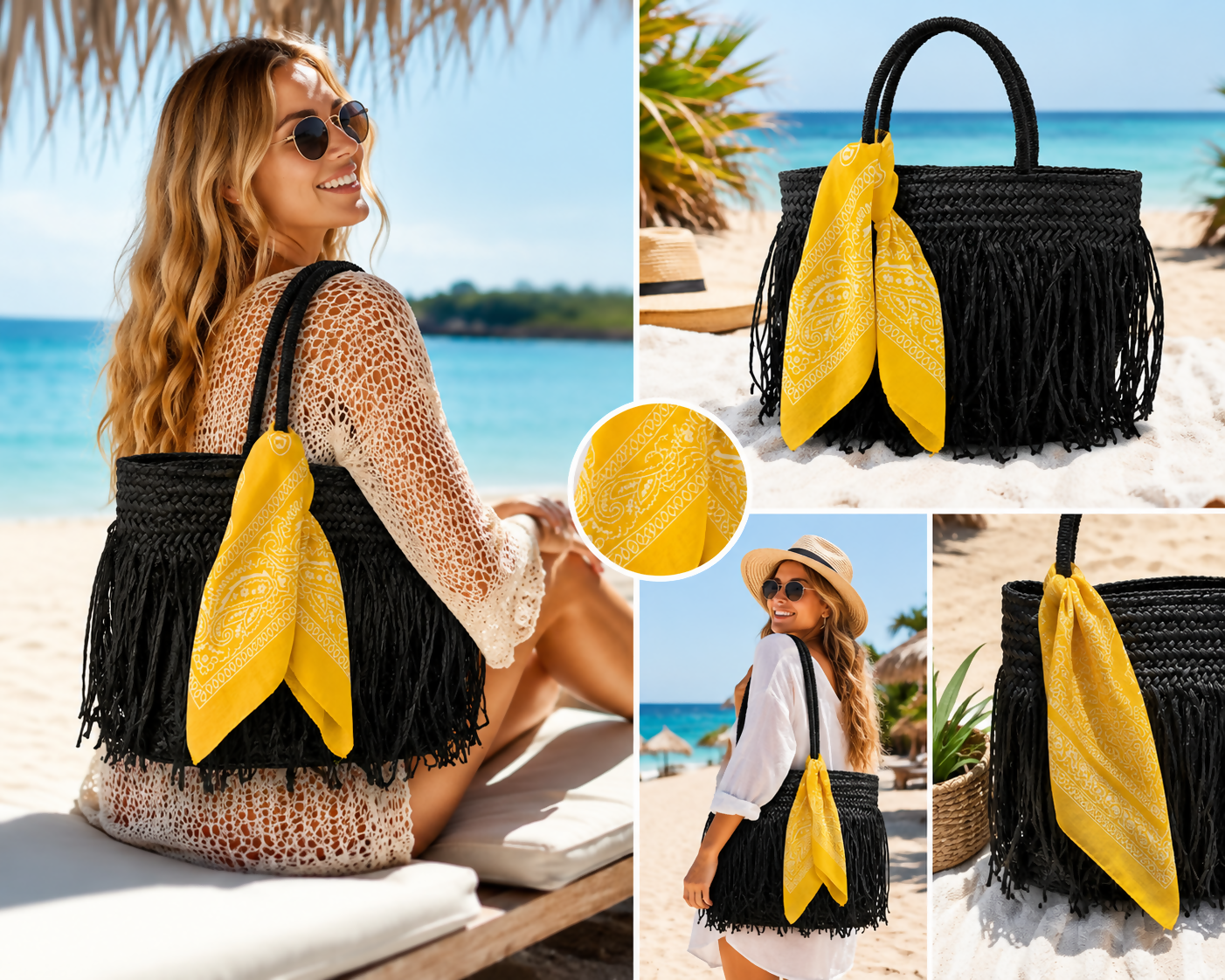 Women's 3-Piece Beach Set – Straw Tote Bag, Sun Visor Hat & Fashion Scarf